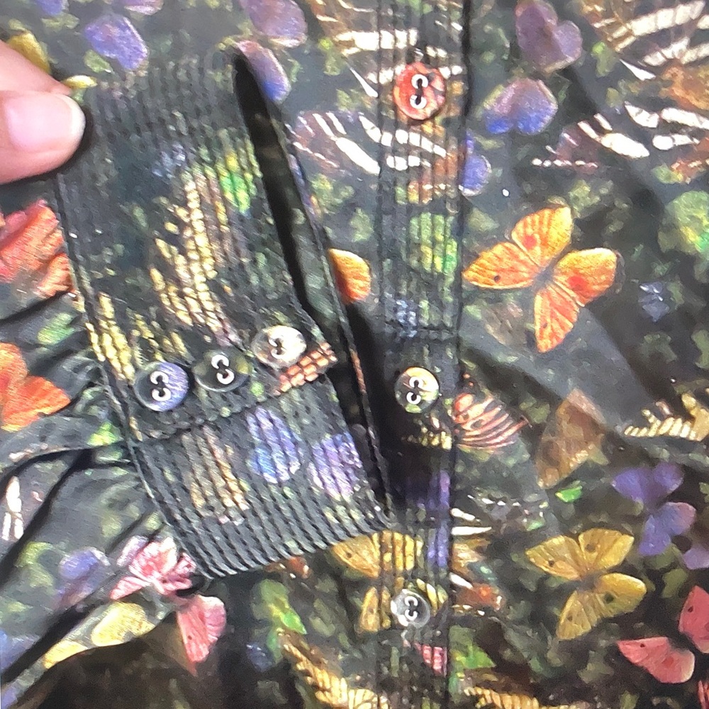 Johnny Was Black Button-Front Top with Multicolor Floral & Butterfly Print - Picture 4 of 7
